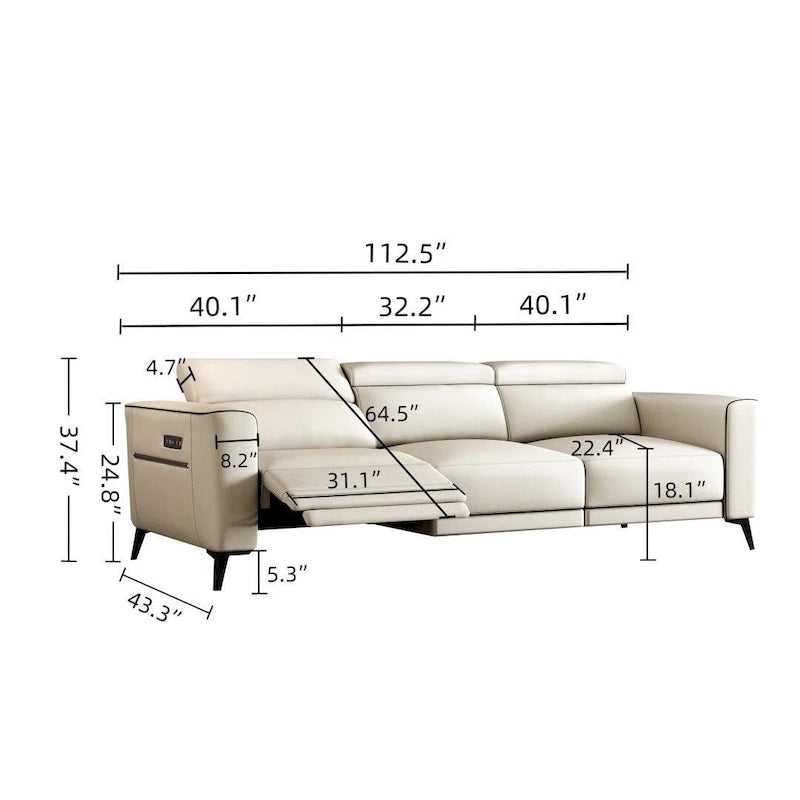 Canapé inclinable électrique en cuir 112,5 po avec port de chargement USB