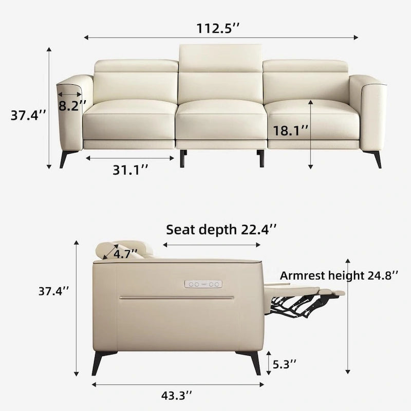 Canapé inclinable électrique en cuir 112,5 po avec port de chargement USB