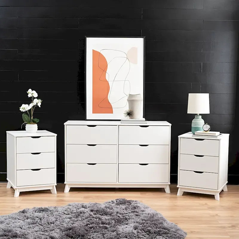 Ensemble de chambre à coucher 3 pièces Purcell en pin avec commode à 6 tiroirs et tables de chevet à 3 tiroirs (ensemble de 2)