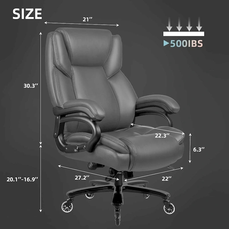 Chaise de bureau de direction Bossin grande taille et forte, 500 lb, avec support lombaire réglable, chaise ergonomique en cuir PU à dossier haut pour ordinateur