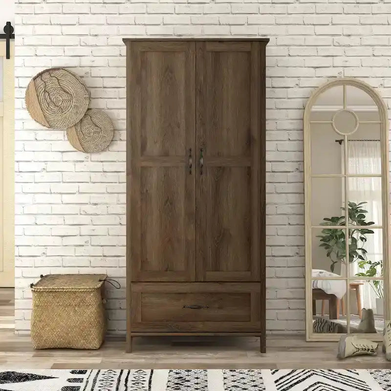 Armoire penderie double porte avec 1 tiroir DH BASIC en noyer vieilli rustique par Denhour