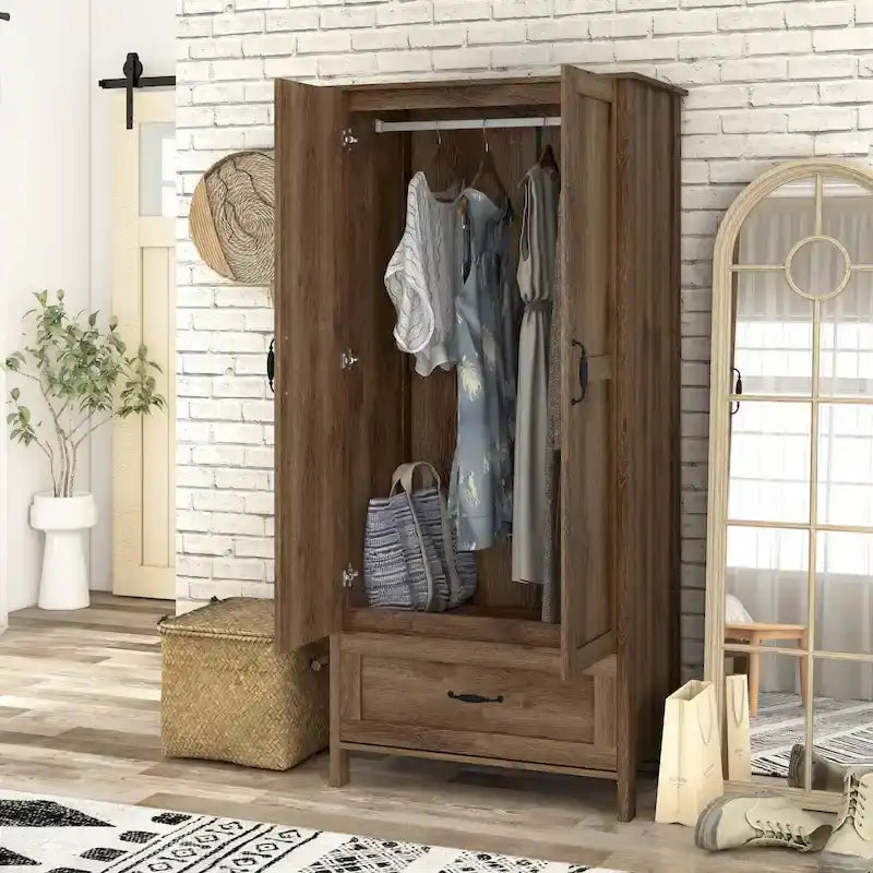 Armoire penderie double porte avec 1 tiroir DH BASIC en noyer vieilli rustique par Denhour