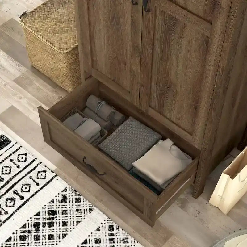 Armoire penderie double porte avec 1 tiroir DH BASIC en noyer vieilli rustique par Denhour