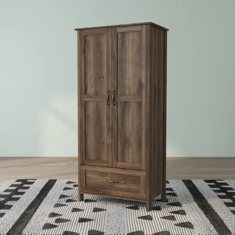 Armoire penderie double porte avec 1 tiroir DH BASIC en noyer vieilli rustique par Denhour