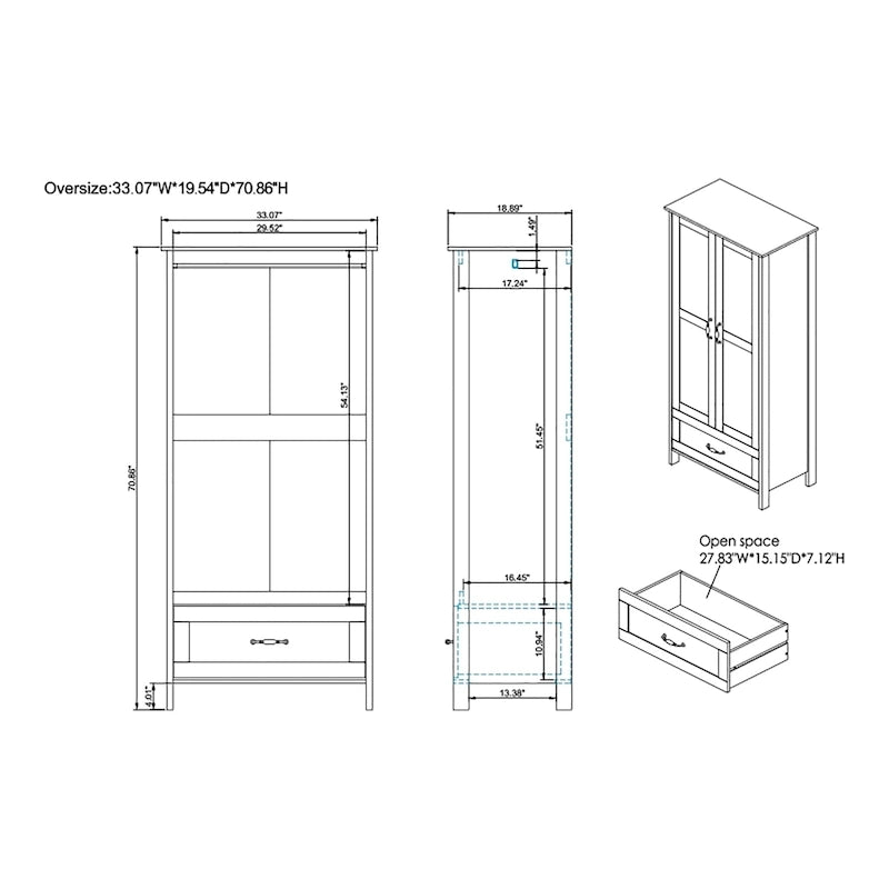 Armoire penderie double porte avec 1 tiroir DH BASIC en noyer vieilli rustique par Denhour