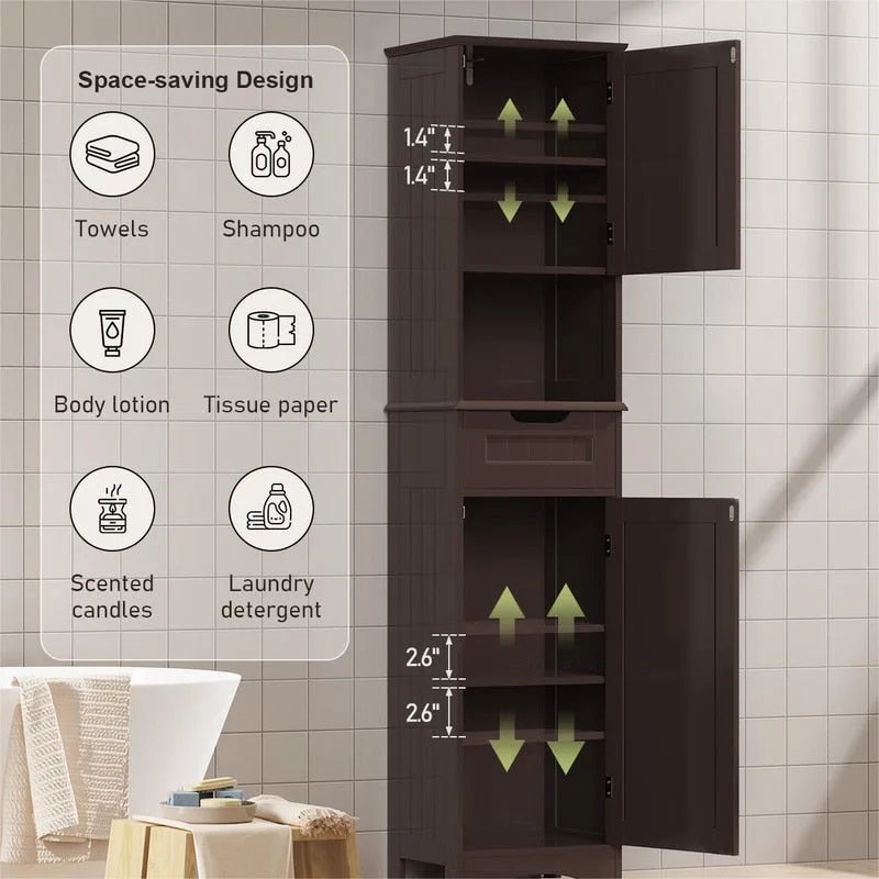 67  Tall Bathroom Narrow Linen Cabinet, 5 Tiers Solid Wood Freestanding Storage Cabinet