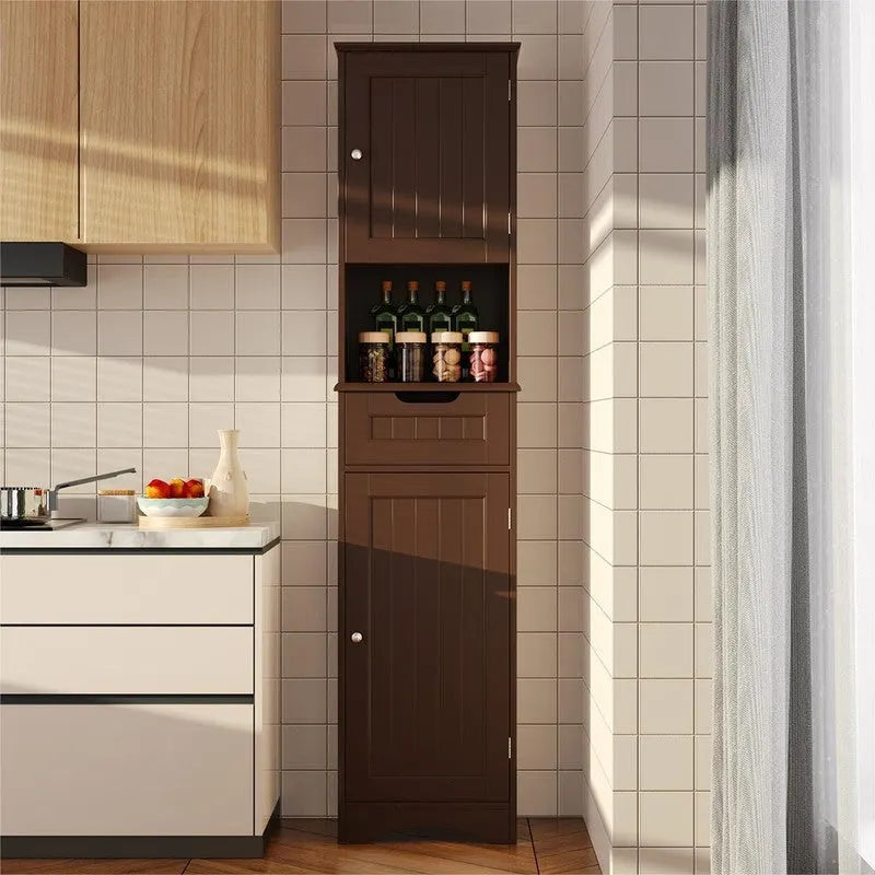 67  Tall Bathroom Narrow Linen Cabinet, 5 Tiers Solid Wood Freestanding Storage Cabinet