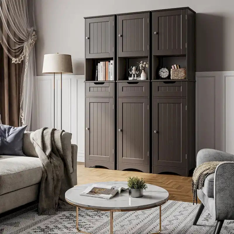 67  Tall Bathroom Narrow Linen Cabinet, 5 Tiers Solid Wood Freestanding Storage Cabinet