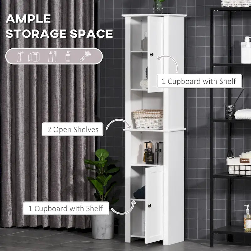 HOMCOM Tall Bathroom Storage Cabinet, Freestanding Linen Tower with 2-Tier Shelf and 2 Cupboards, White