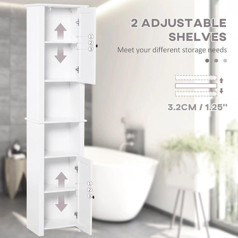 HOMCOM Tall Bathroom Storage Cabinet, Freestanding Linen Tower with 2-Tier Shelf and 2 Cupboards, White