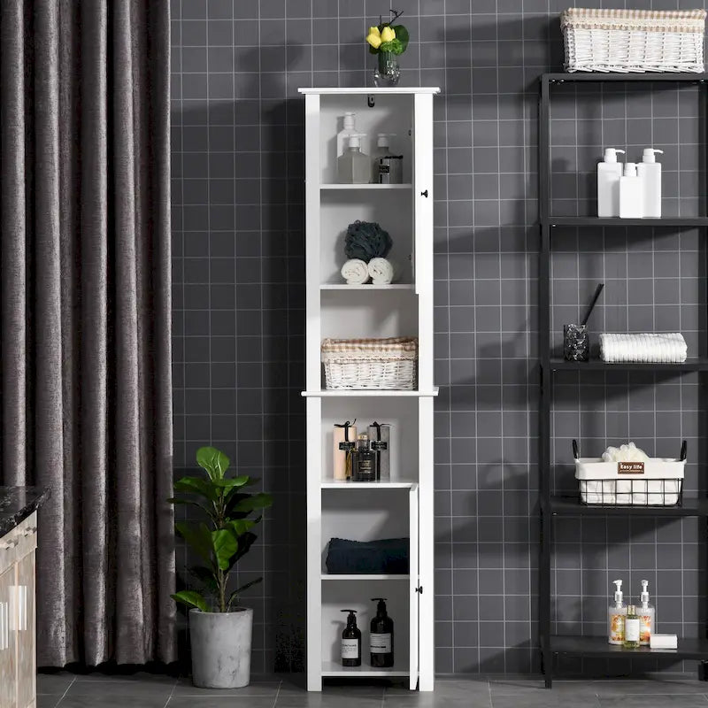HOMCOM Tall Bathroom Storage Cabinet, Freestanding Linen Tower with 2-Tier Shelf and 2 Cupboards, White