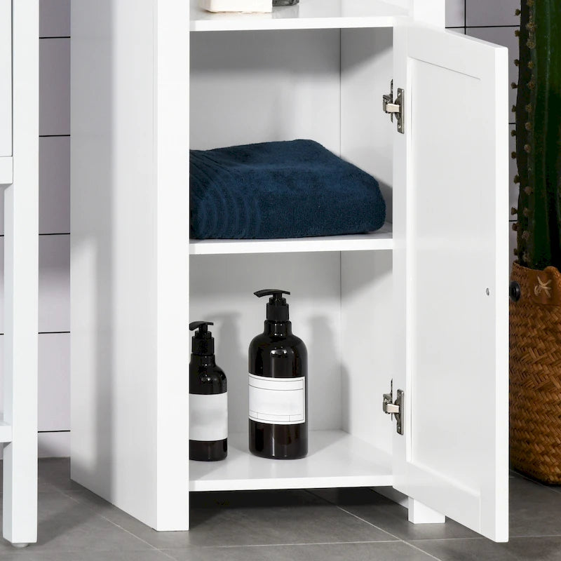 HOMCOM Tall Bathroom Storage Cabinet, Freestanding Linen Tower with 2-Tier Shelf and 2 Cupboards, White