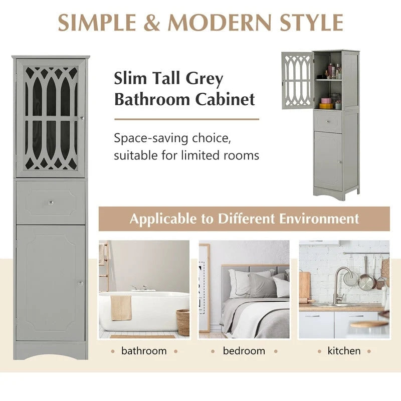 Slim Tall Bathroom Storage Cabinet with Adjustable Shelf, Drawer and 2 Doors, Freestanding Linen Tower