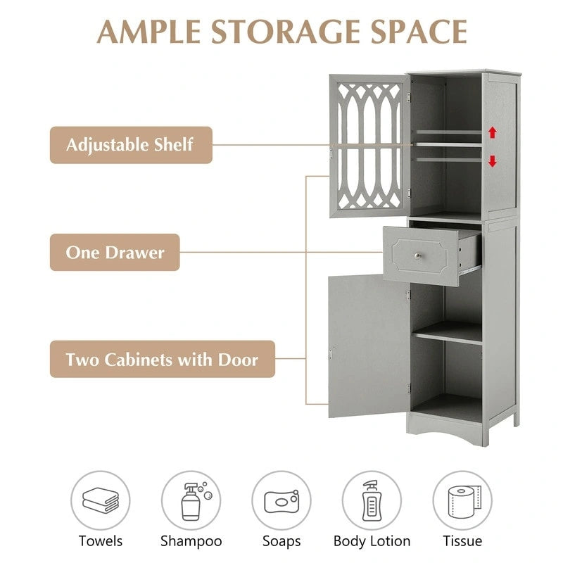 Slim Tall Bathroom Storage Cabinet with Adjustable Shelf, Drawer and 2 Doors, Freestanding Linen Tower