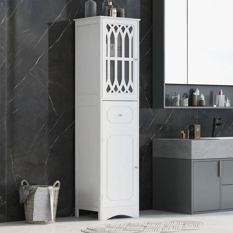 Slim Tall Bathroom Storage Cabinet with Adjustable Shelf, Drawer and 2 Doors, Freestanding Linen Tower