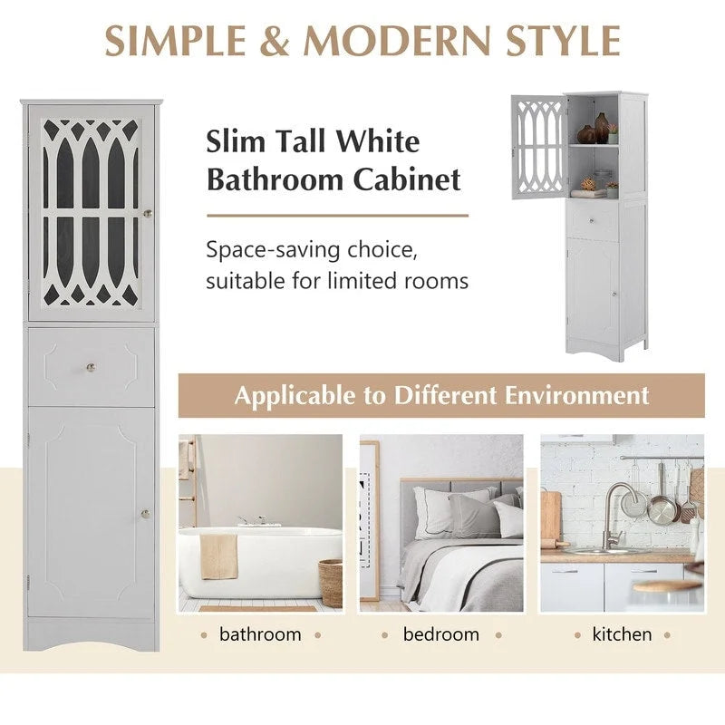 Slim Tall Bathroom Storage Cabinet with Adjustable Shelf, Drawer and 2 Doors, Freestanding Linen Tower