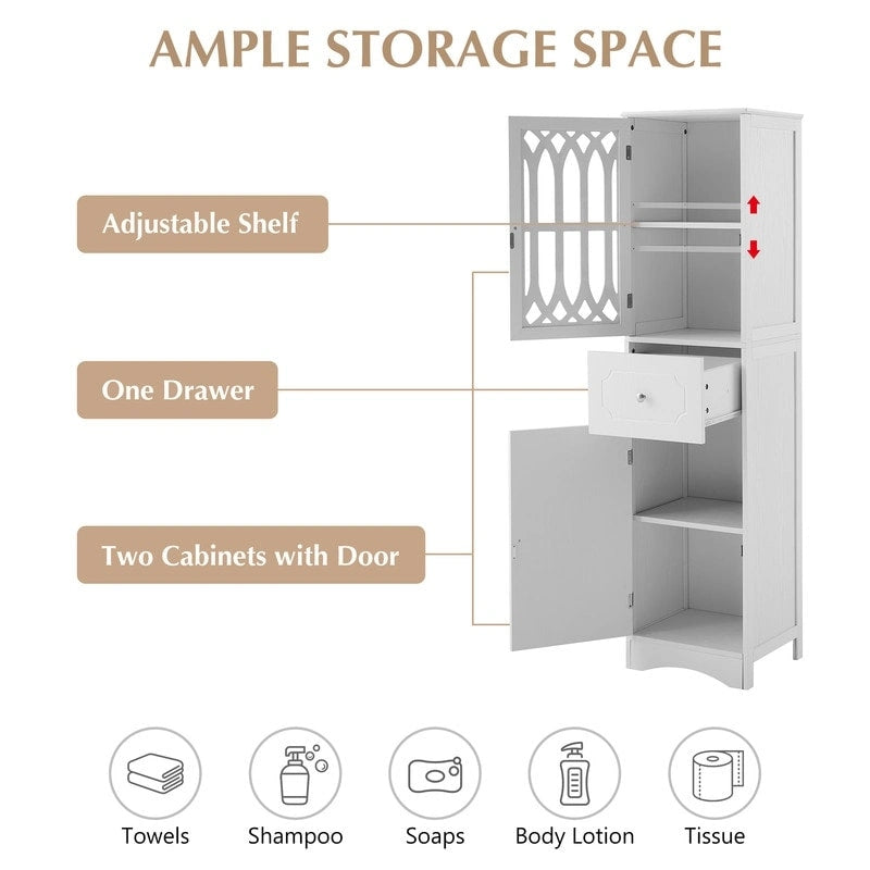 Slim Tall Bathroom Storage Cabinet with Adjustable Shelf, Drawer and 2 Doors, Freestanding Linen Tower