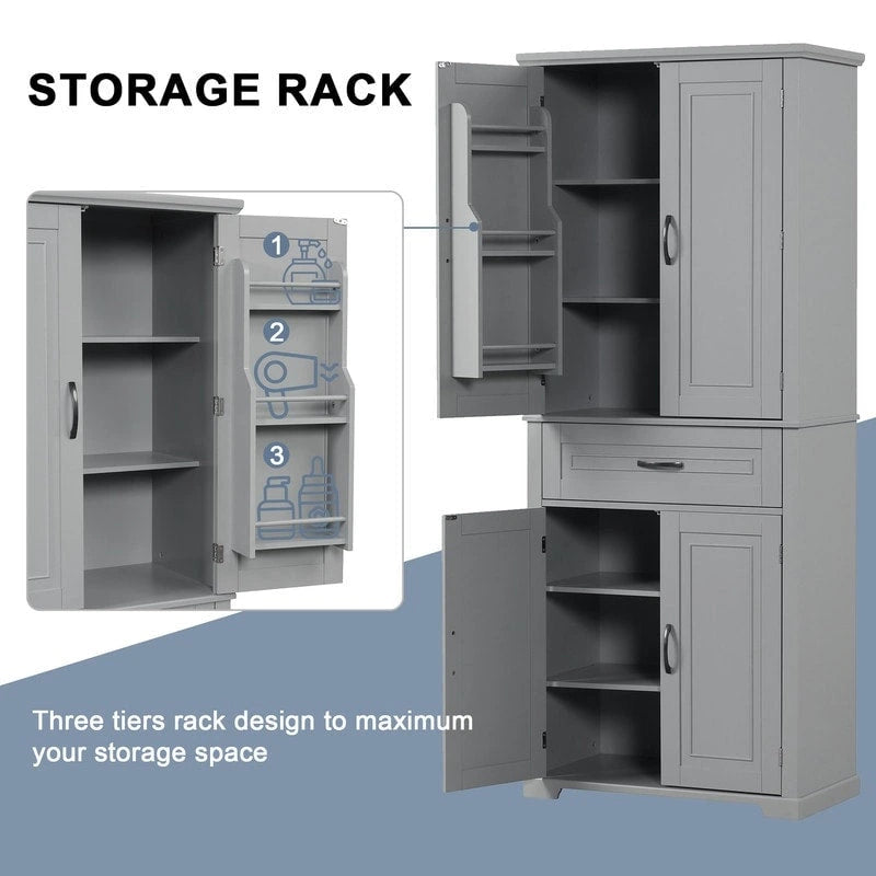Armoire de rangement de salle de bain de 183 cm de haut avec portes et tiroir, espaces de rangement multiples, étagère réglable, grise