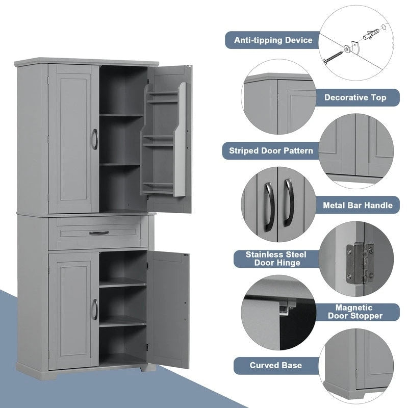 Armoire de rangement de salle de bain de 183 cm de haut avec portes et tiroir, espaces de rangement multiples, étagère réglable, grise