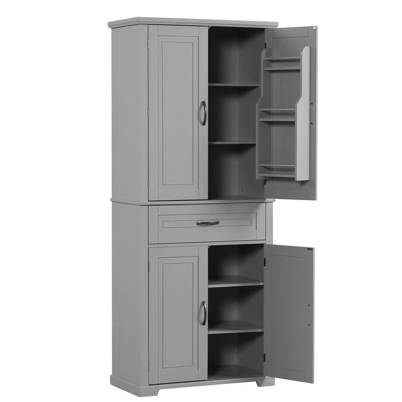 Armoire de rangement de salle de bain de 183 cm de haut avec portes et tiroir, espaces de rangement multiples, étagère réglable, grise