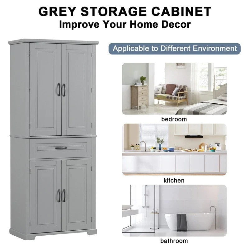 Armoire de rangement de salle de bain de 183 cm de haut avec portes et tiroir, espaces de rangement multiples, étagère réglable, grise
