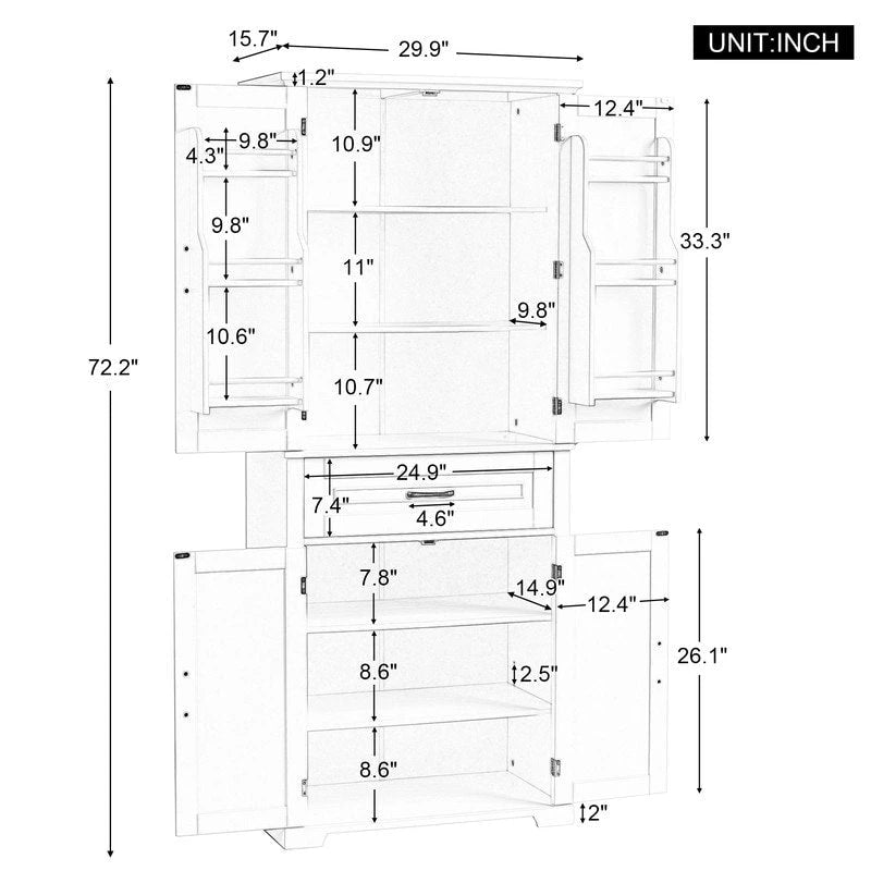 Armoire de rangement de salle de bain de 183 cm de haut avec portes et tiroir, espaces de rangement multiples, étagère réglable, grise