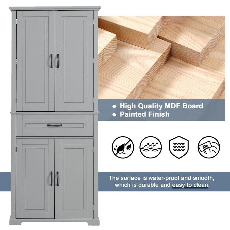 Armoire de rangement de salle de bain de 183 cm de haut avec portes et tiroir, espaces de rangement multiples, étagère réglable, grise