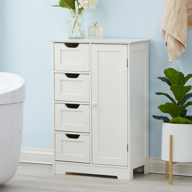 White Wood 4-Drawer 1-Door Bathroom Storage Cabinet - 32.68  H x 22.05  W x 11.81  D