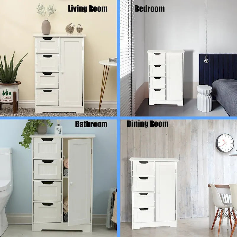 White Wood 4-Drawer 1-Door Bathroom Storage Cabinet - 32.68  H x 22.05  W x 11.81  D