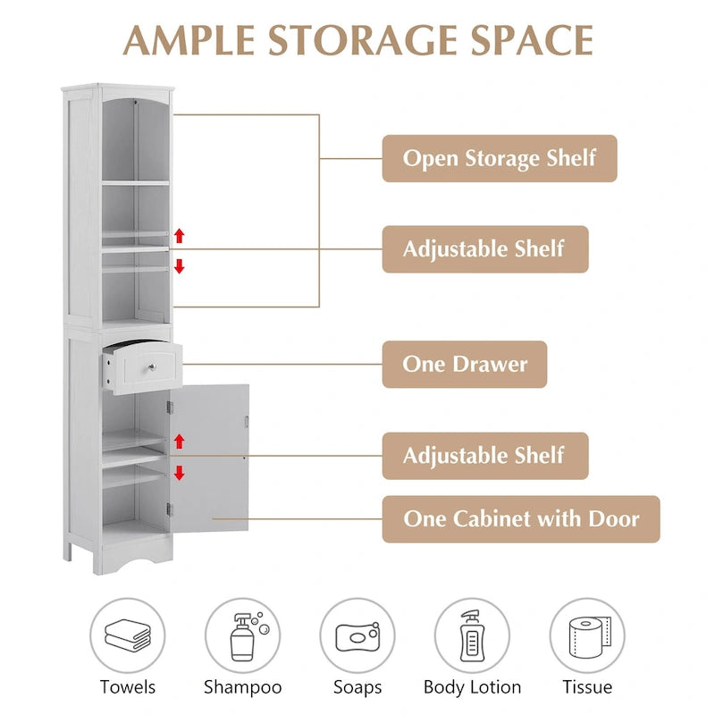 Modern White Bathroom Storage Cabinet with Adjustable Shelf,Drawer - 13.4 L x 9.1 W x 66.9 H