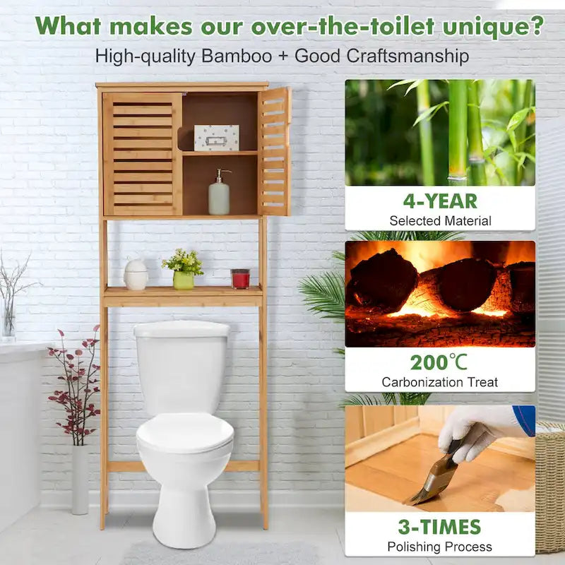 Kinbor Bamboo Over-The-Toilet Organizer Cabinet, Bathroom Storage Shelf with Doors and Shelves Freestanding Space Saver