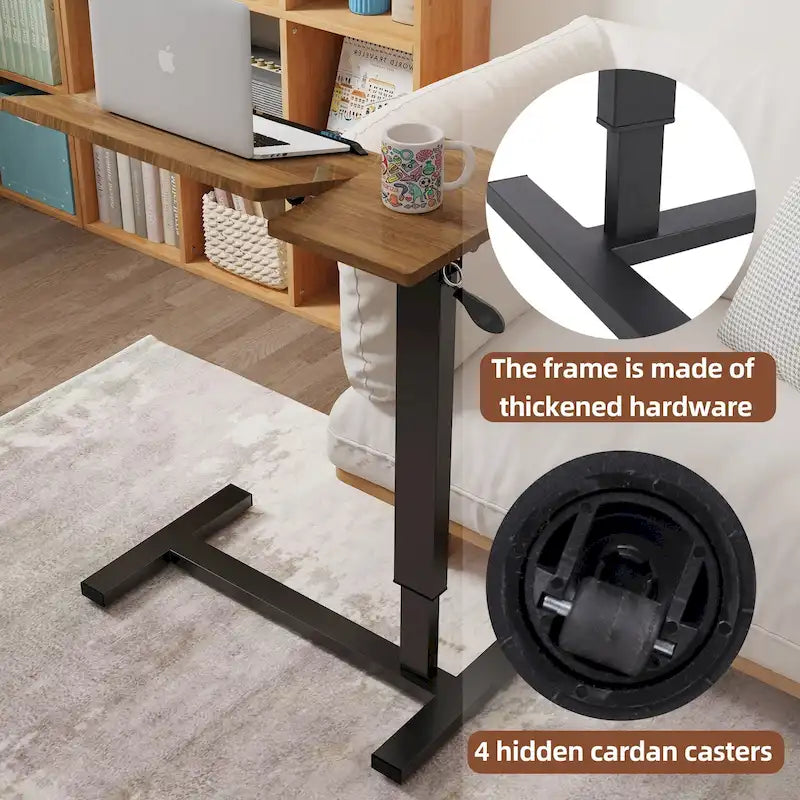 Table de lit réglable en hauteur, bureau d'ordinateur portable inclinable avec 4 roulettes