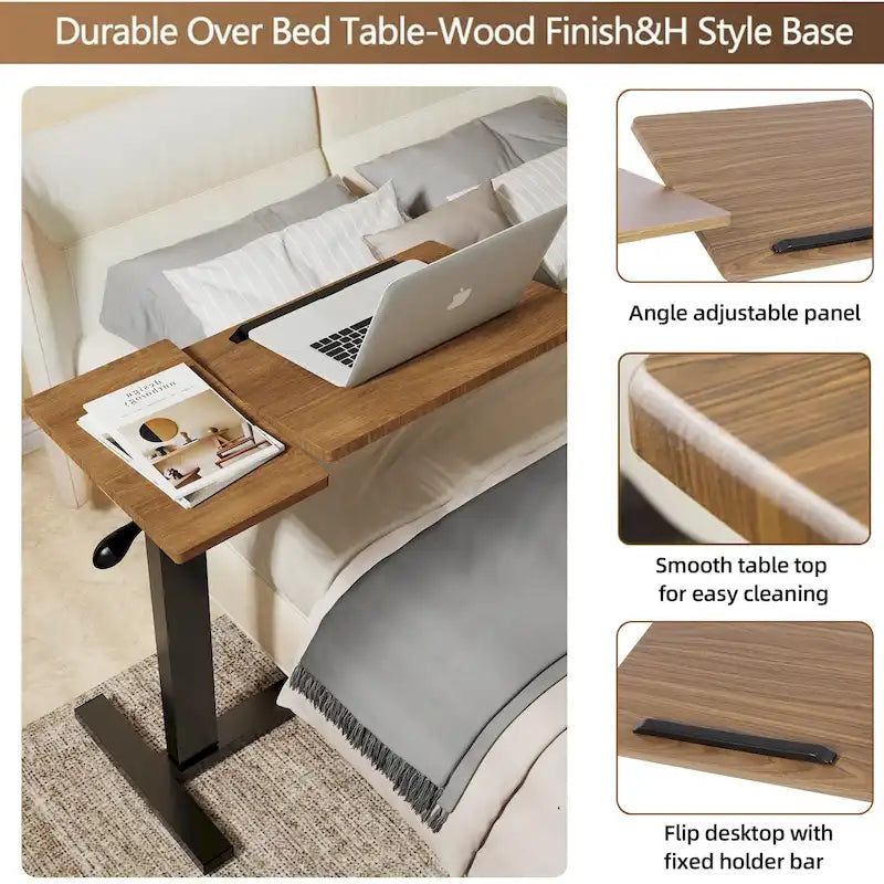 Table de lit réglable en hauteur, bureau d'ordinateur portable inclinable avec 4 roulettes