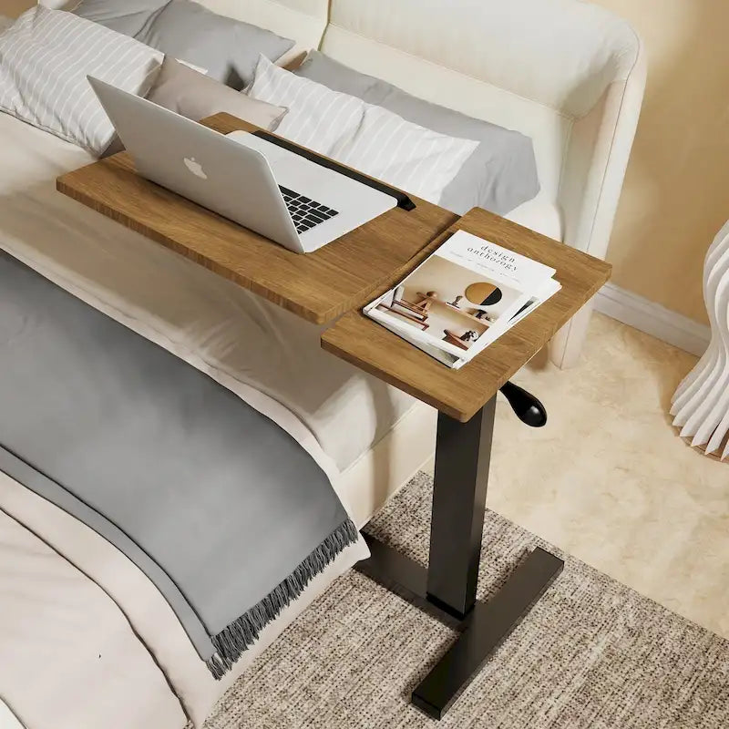 Table de lit réglable en hauteur, bureau d'ordinateur portable inclinable avec 4 roulettes