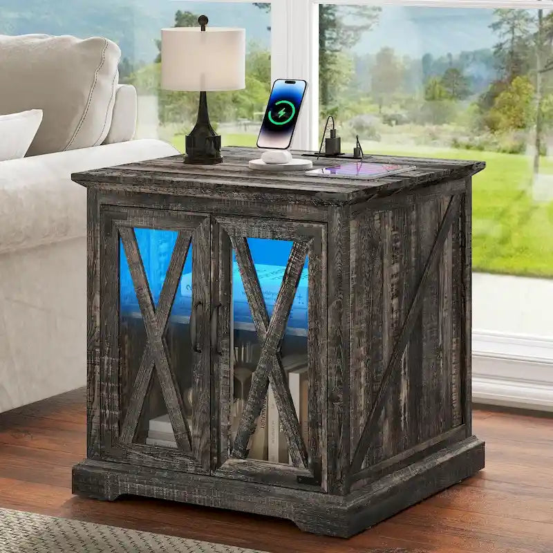 Table d'appoint Moasis avec station de recharge, table d'appoint de ferme avec rangement et étagères