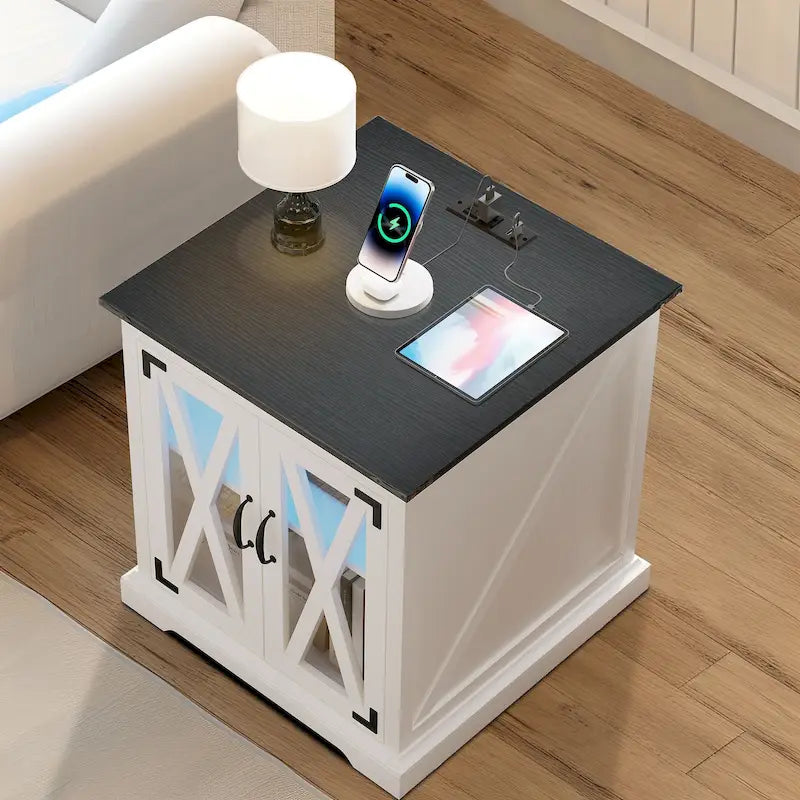 Table d'appoint Moasis avec station de recharge, table d'appoint de ferme avec rangement et étagères