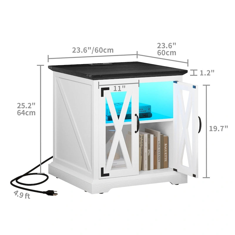 Table d'appoint Moasis avec station de recharge, table d'appoint de ferme avec rangement et étagères