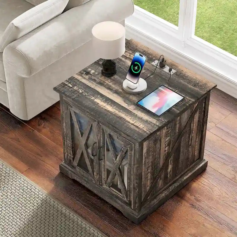 Table d'appoint Moasis avec station de recharge, table d'appoint de ferme avec rangement et étagères