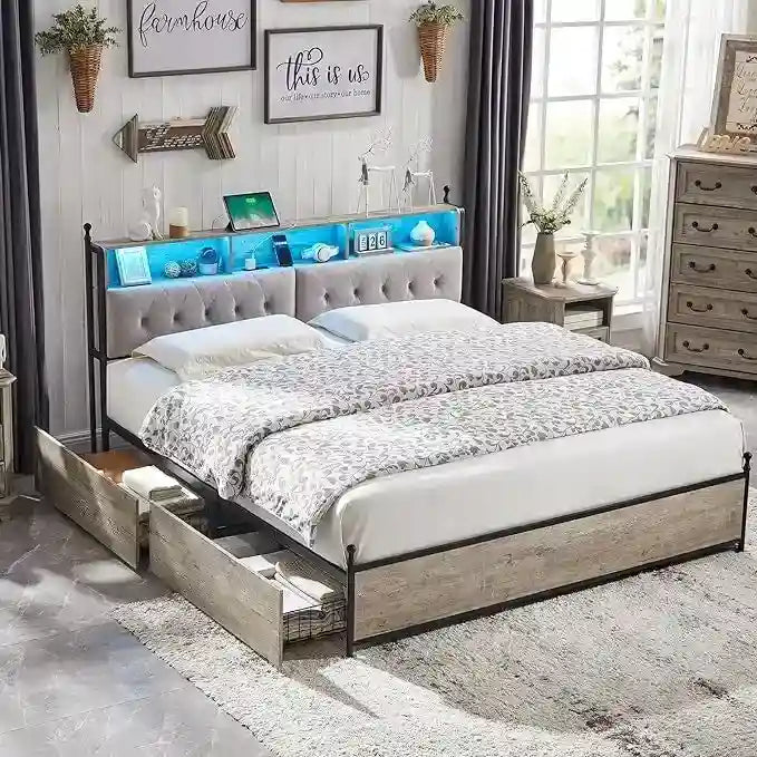 Cadre de lit King Size avec lumières LED, station de charge et 4 tiroirs
