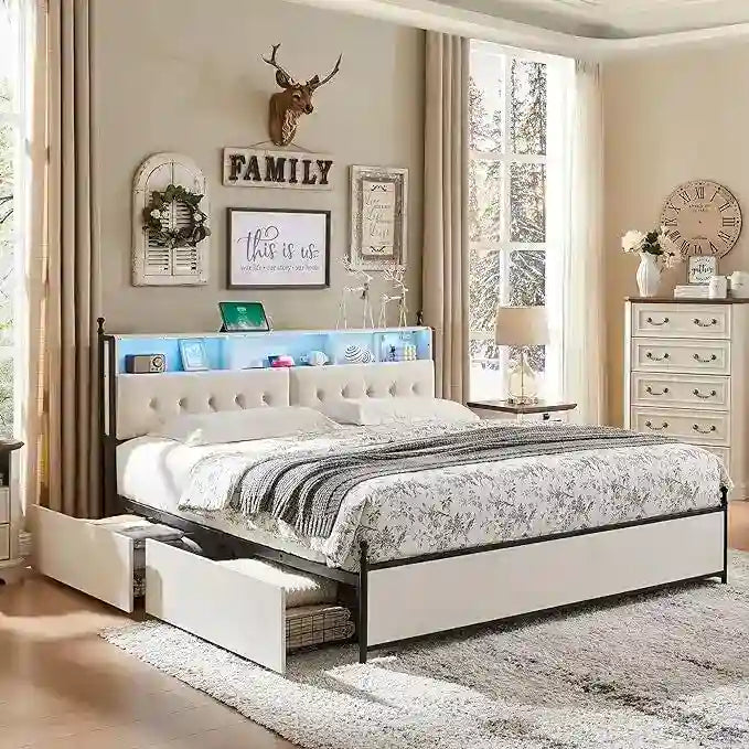 Cadre de lit King Size avec lumières LED, station de charge et 4 tiroirs
