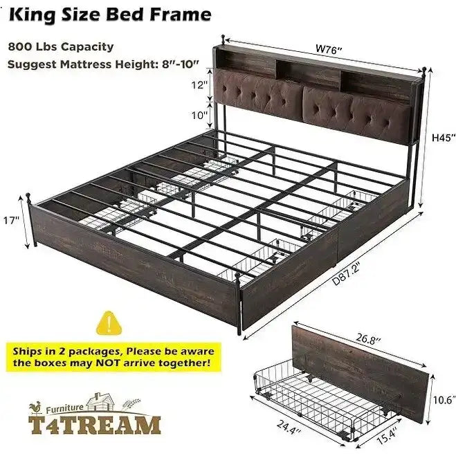 Cadre de lit King Size avec lumières LED, station de charge et 4 tiroirs