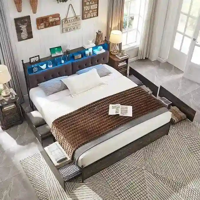Cadre de lit King Size avec lumières LED, station de charge et 4 tiroirs
