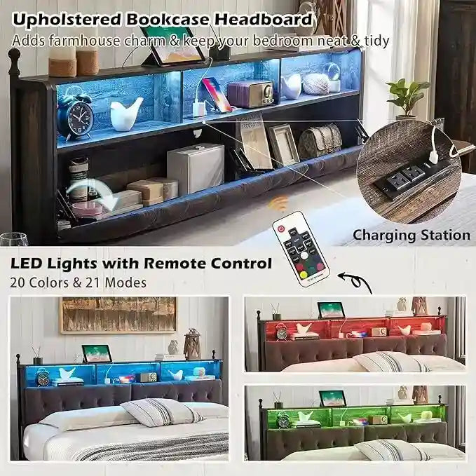 Cadre de lit King Size avec lumières LED, station de charge et 4 tiroirs