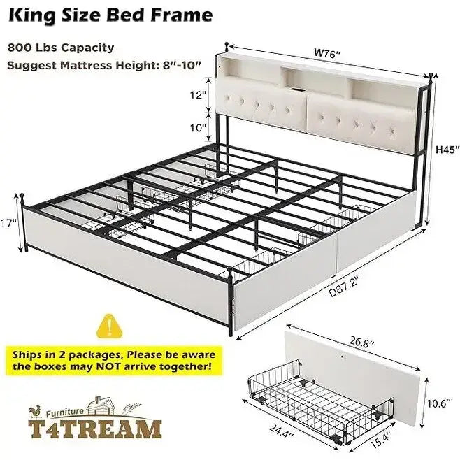 Cadre de lit King Size avec lumières LED, station de charge et 4 tiroirs