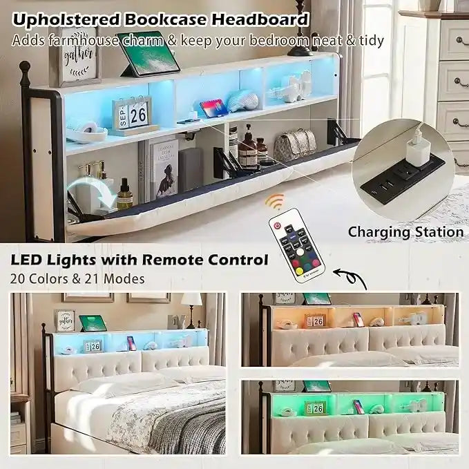 Cadre de lit King Size avec lumières LED, station de charge et 4 tiroirs