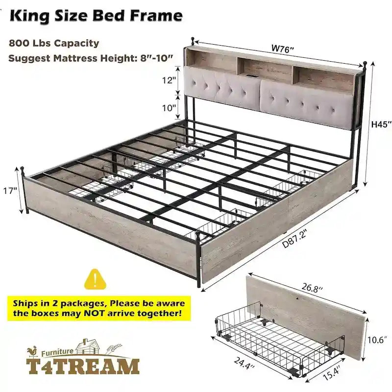 Cadre de lit King Size avec lumières LED, station de charge et 4 tiroirs