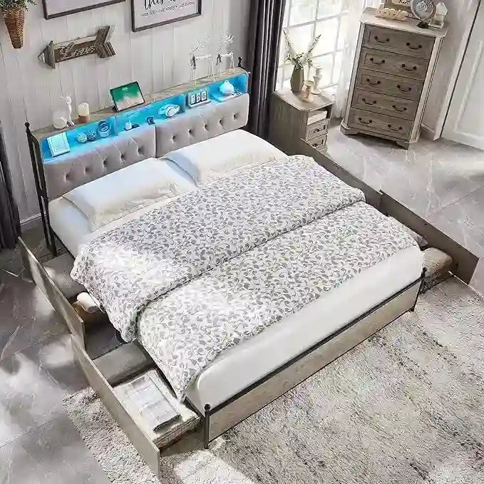 Cadre de lit King Size avec lumières LED, station de charge et 4 tiroirs