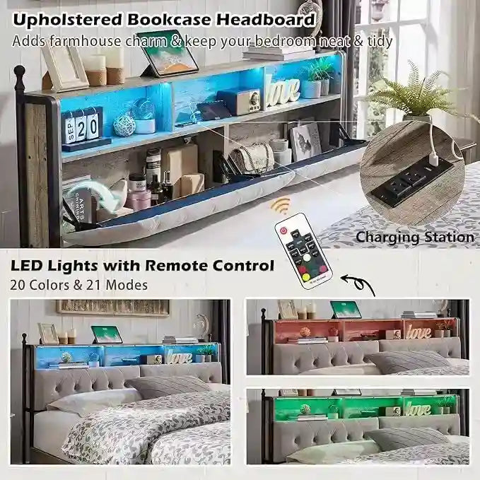 Cadre de lit King Size avec lumières LED, station de charge et 4 tiroirs