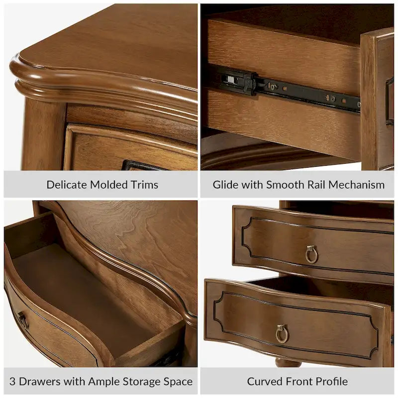 Table de chevet Alois traditionnelle à 3 tiroirs avec pieds fuseaux en bois massif par HULALA HOME