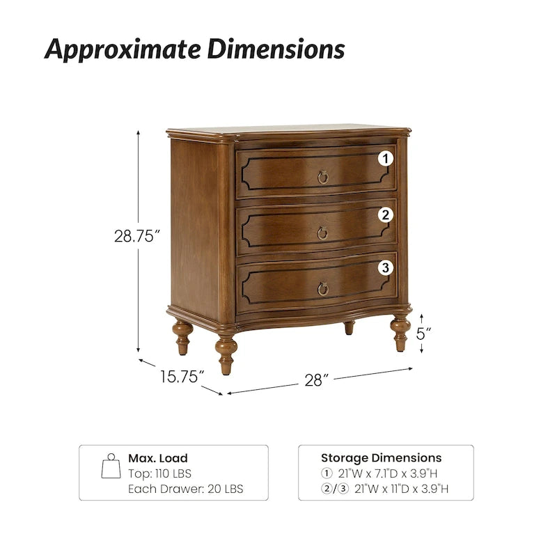 Table de chevet Alois traditionnelle à 3 tiroirs avec pieds fuseaux en bois massif par HULALA HOME